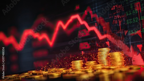 Golden coins and red stock charts depict financial decline