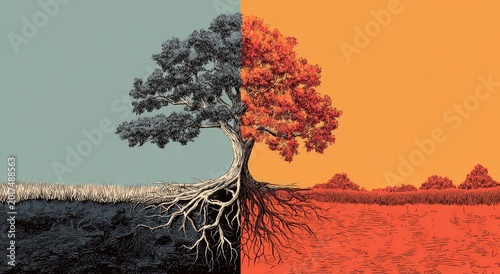 A split tree one half gray and dormant, the other vibrant and red