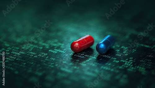 Two pills, red and blue, resting on a digital, glowing matrix background