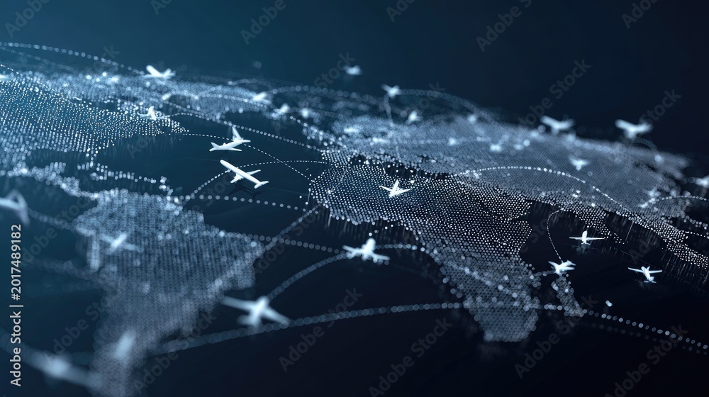 Obraz premium Global flight routes connect continents with illuminated airplane icons
