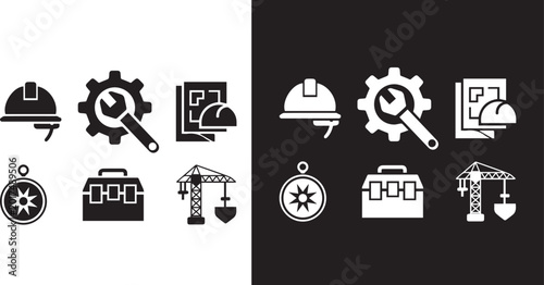 Quadro su tela Industrial work tools icon set, black and white  silhouettes of hammer and wrenc