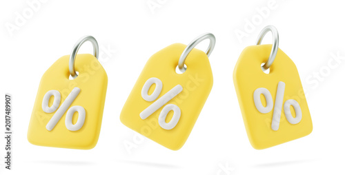 3D Vector Price tags with percentage. Discounts, sales on goods, products. Icon, web design. Business and finance. Vector illustration.