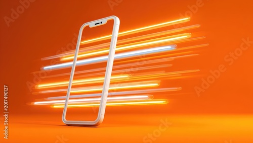 White smartphone displays streaks of light against a vibrant orange background