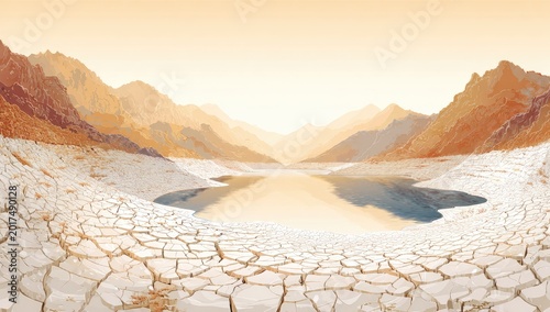 Arid landscape with cracked earth surrounding a calm, reflecting water body