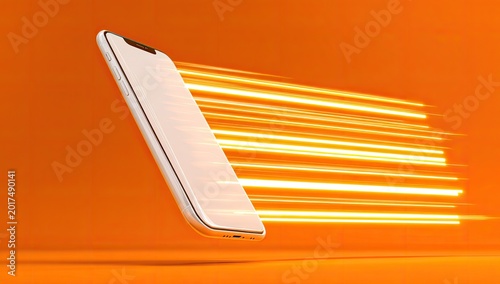 Sleek white device suspended mid-air, emitting bright orange light streaks