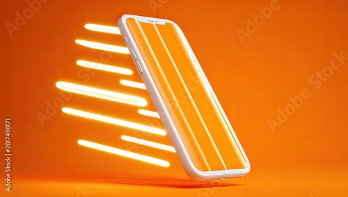 White smartphone with orange stripes moving fast with glowing light trails