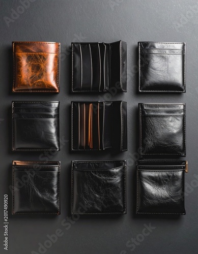 Collection of Stylish Black and Brown Leather Wallets on Dark Background