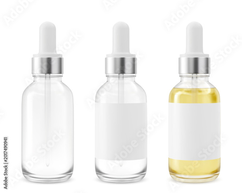 Realistic dropper glass bottle. Cosmetic blank vials for liquid drug. transparent bottles template. 3d Vector mockup package isolated on white background