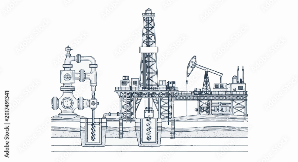 Obraz premium Industrial scene depicts drilling operation with complex pipework and an offshore rig