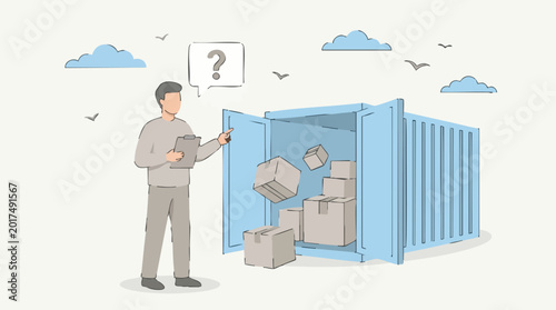 Fotografie Logistics worker questions poor loading of shipping container with falling boxes