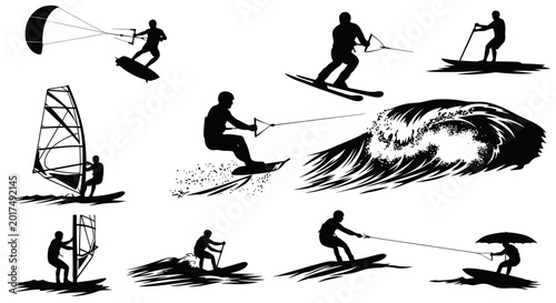 Fényképezés Silhouette Water Sports Collection: Surfing, Kitesurfing, Windsurfing, Waterskii