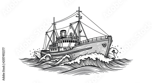 Foto Fishing Trawler Ship on Rough Sea Waves, Vintage Engraving Style Illustration
