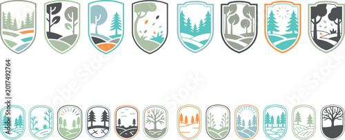 Collection of various nature inspired shield and oval logos with trees and landscapes