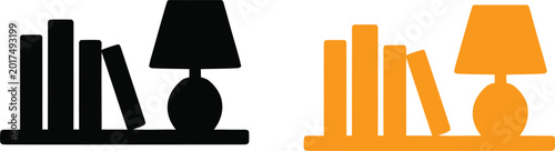 Schilderij op canvas Bookend lamp and book silhouettes in black and orange