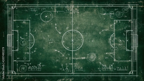 Detailed schematic of a soccer field with play diagrams and annotations