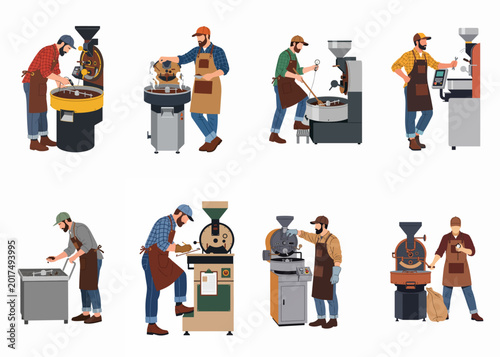 Schilderij op canvas Set of illustrations depicting professional male coffee roasters operating industrial roasting machines, showing various stages of the coffee roasting process
