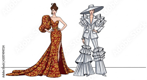 Bild auf Leinwand Two Fashionable Women in Extravagant Designer Outfits.