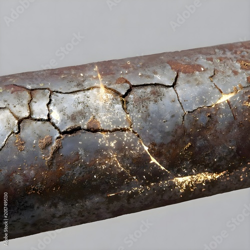 Close up of rusted pipe on gray background, industrial metal texture for factory, construction and plumbing industry concept design