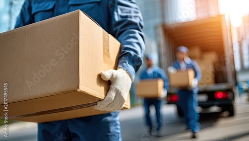 Movers carry boxes from truck, sunlight glints off buildings and vehicles
