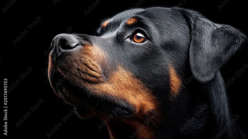Obraz premium Close-up portrait of a beautiful Rottweiler dog against a stark black background