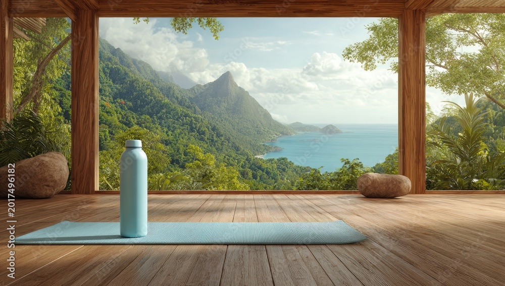 Fototapeta premium Serene open-air retreat with yoga mat, water bottle, ocean, and mountains