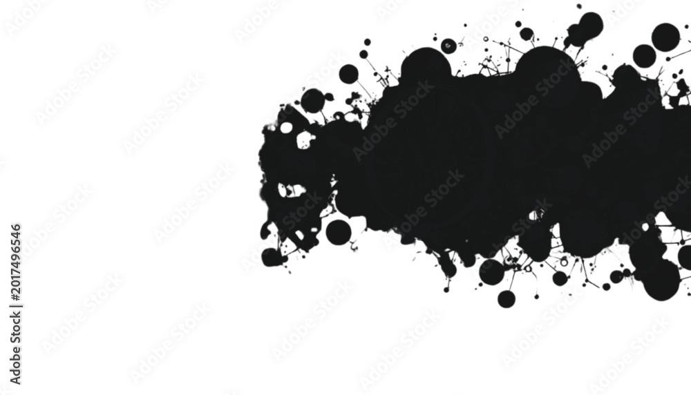 Fototapeta premium Ink splatter creates a complex artistic pattern of black circles and messy drips on a clean white background, providing wide copy space for creative layouts and various graphic design requirements.
