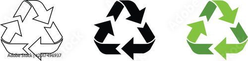 Photos Three recycle symbols: outline, black, and green arrows recycling loop