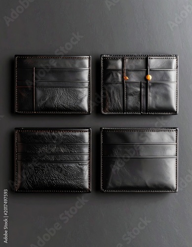 Elegant Black Leather Wallets Displayed on Dark Background Surface