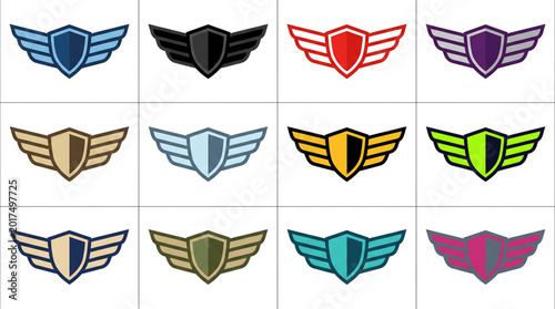 Aegis Wing Empire Logo Branding Set - Single Minimalist Shield & Wing Emblem in 12 Professional Aerospace and Security Color Palettes on White Background