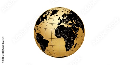 3D Golden Earth Globe with Black Continents and Grid Lines on White Background - Concept for Global Business, Finance, and International Trade