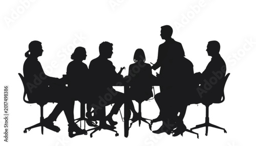 Colleagues sit around a conference table to engage in a productive team meeting while brainstorming new creative ideas in this detailed silhouette set against a bright white background for projects.