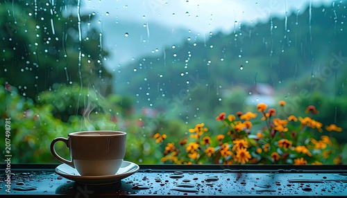 Steaming coffee cup in rainy window view with green trees and flowers