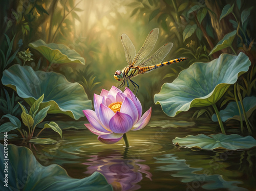 Dragonfly Resting on Pink Lotus in Tranquil Forest Pond