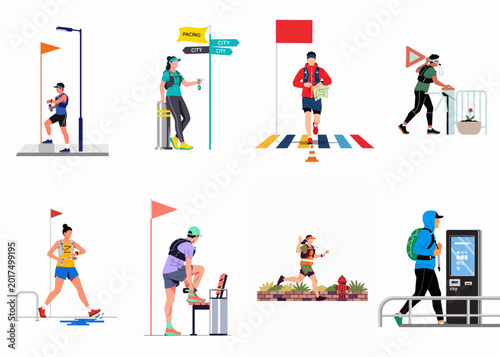 Obraz na plátně Collection of urban orienteering and city runners participating in various athletic challenges, navigation, and outdoor fitness activities in flat vector illustration style