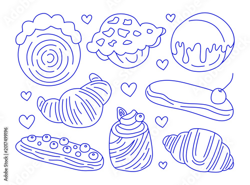 Set of cute hand drawn outline buttery croissants, eclairs and cruffin isolated on white background. Modern French puff pastries in stylized Mediterranean line art style.