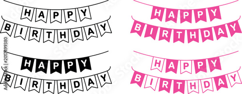Colorful birthday banner flags with happy birthday text in pink and black