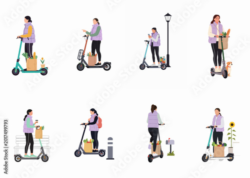 Canvas Print Collection of flat vector illustrations depicting a woman using an electric kick scooter for urban commuting, grocery shopping, and daily errands