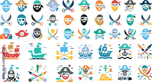 Colorful flat design pirate icons with ships swords and treasure symbols on white background