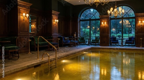 Elegant indoor swimming pool with ornate chandeliers and classic furnishings, creating a luxurious ambiance.
