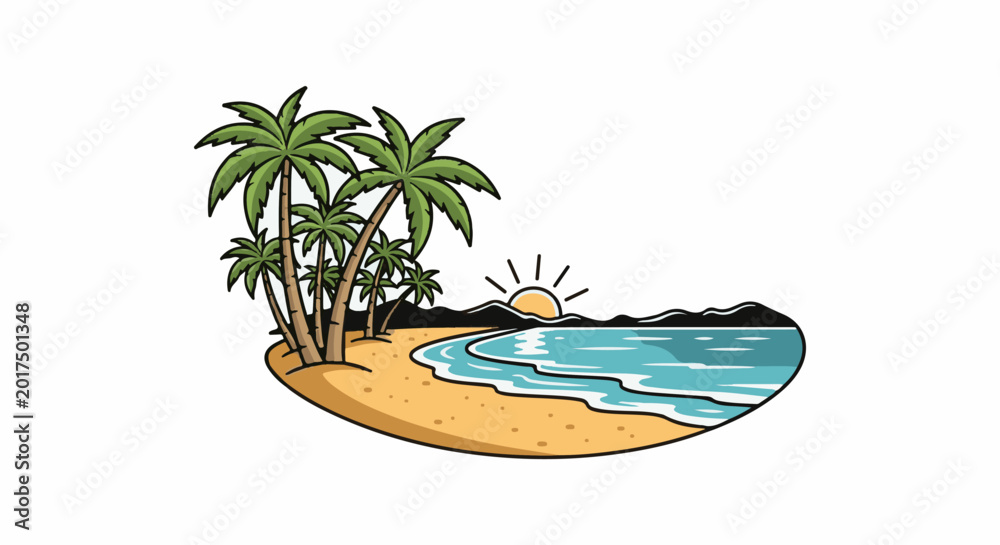 Obraz premium Tropical beach scene with palm trees, ocean waves, and a sun rising over distant hills
