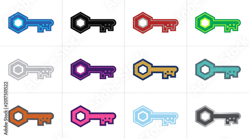 Quantum Key Empire Logo Branding Set - Single Minimalist Digital Key Emblem in 12 Professional Cybersecurity and Tech Color Palettes on White Background