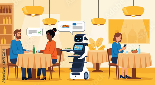 Obraz na płótnie Futuristic robot waiter serving food in modern restaurant, automated artificial