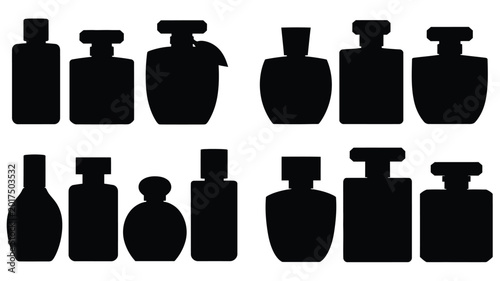 Perfume bottle collection black silhouettes on white background