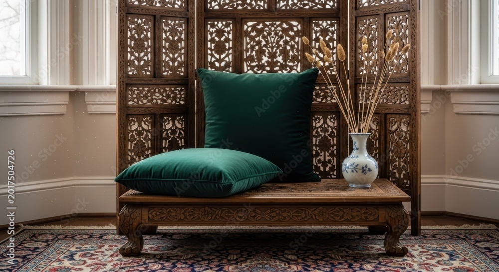 Fototapeta premium Deep green velvet cushions resting on an ornate wooden table with decorative screen and vase