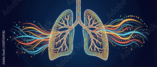 Artistic digital illustration of human lungs with colorful airflow streams, symbolizing respiration and health.