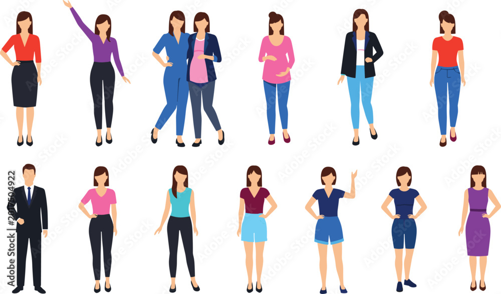 Fototapeta premium Female Character Illustration Set in Various Poses and Outfits for Lifestyle, Fashion, and Business Graphics