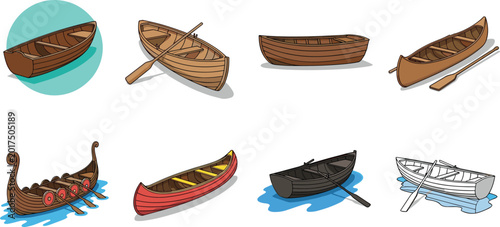 Принти на полотні Wooden Boat and Canoe Icons with Various Designs, Colors, and Styles for Watercr