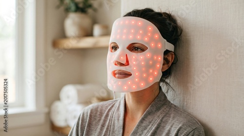 Woman wearing led light therapy facial mask during anti aging spa treatment. Innovation in cosmetic skincare technology for skin rejuvenation and health. Wellness therapy concept.