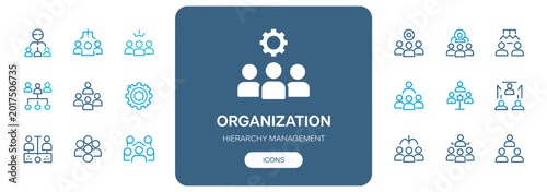 Professional organization hierarchy management icons for corporate structure and team flow