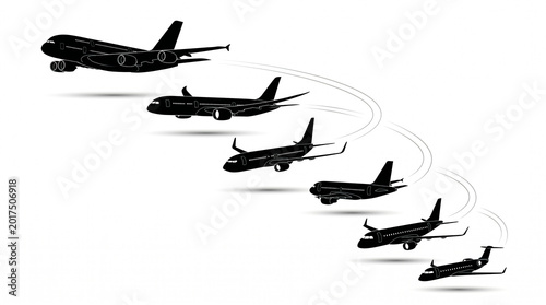 Six Black Main Battle Tank Silhouettes in Echelon Formation – Angled Side Profiles, Dust Streaks, Faint Ground Shadows